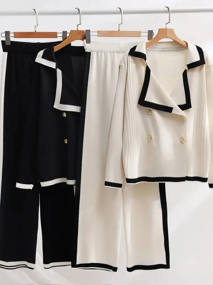 Herbst Damen Strickset 2 Stück Retro Zweireiher Strickjacke Pullover weites Bein Hose zweiteiliges profession elles Set für Frauen