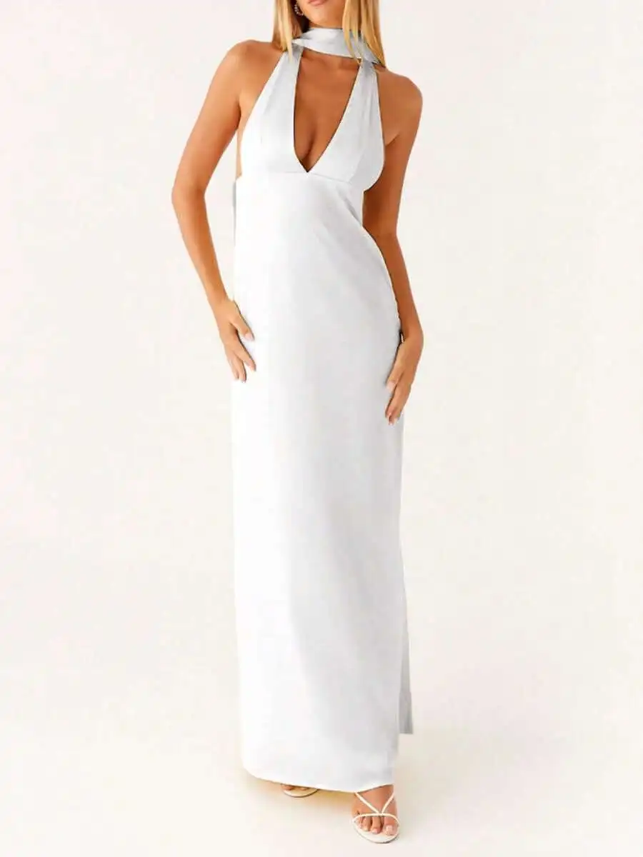 

Women Sleeveless Halter Neck V-Neck Maxi Dress with Scarf Detail