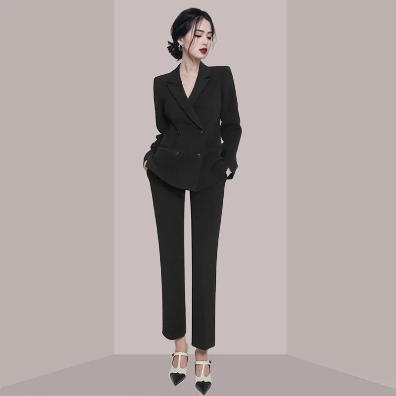

Early Autumn Casual Slim Fit Women's Suit Set Two Pieces Long Pants Professional Style Polyester Fabric Button up Top