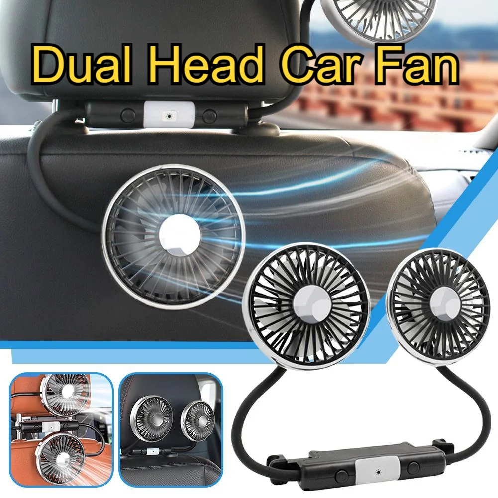 Dual Head Car Cooling Fan Flexible Hose Car Seat Rear Fan 3 Speed Air Cooler Fan With LED Light 12V/24V Car Cooling Accessories