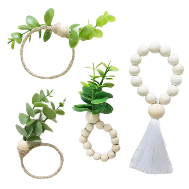 Set Of 6 Napkin Rings with Beads Artificial Green Plant Themed Serviettes Elegant Napkin Holders Table Decoration B03D