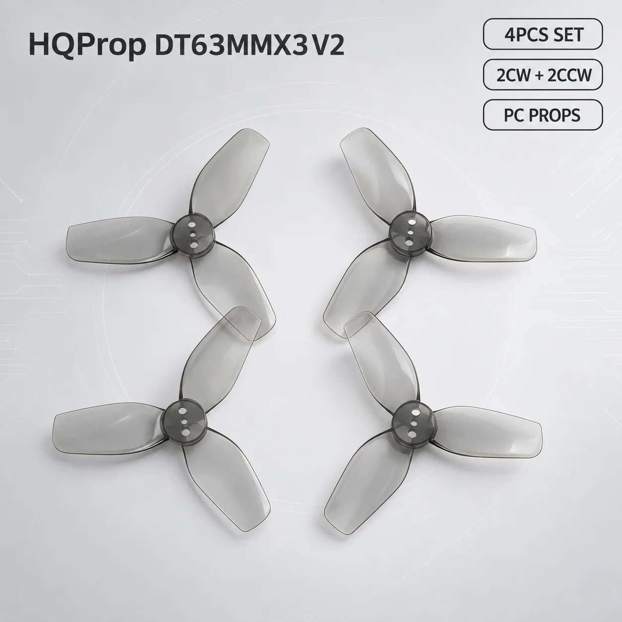 HQProp DT63MMX3 V2 63mm 2.5 Inch 3 Blade Cinewhoop FPV Drone Propeller 1.5mm T Mount 2CW 2CCW PC Grey Replacement Props Set Of 4