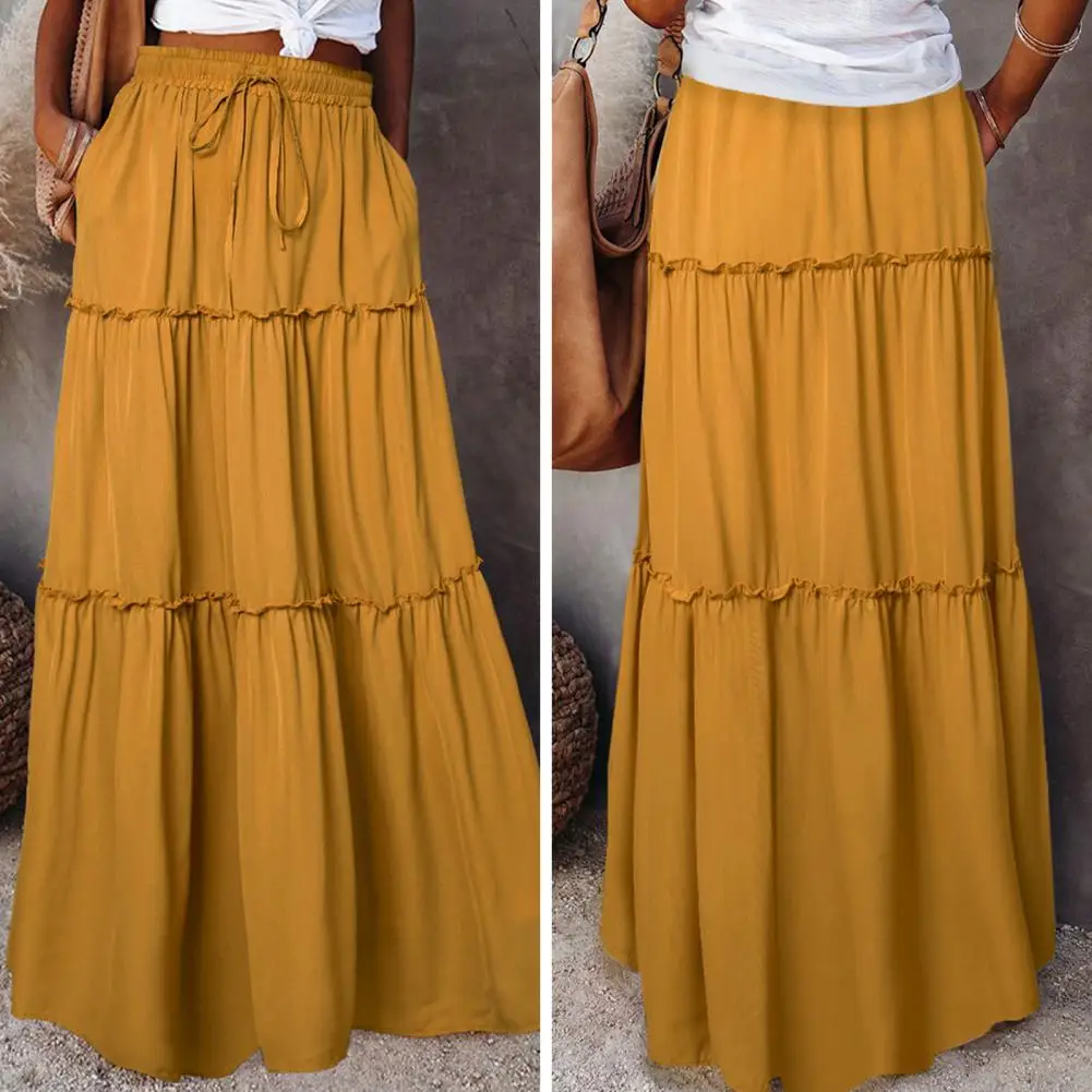 

Fashion High Waist Long Solid A-Line Skirt Women Casual Beach Faldas Female Boho Elastic Waist Holiday Party Maxi Skirt