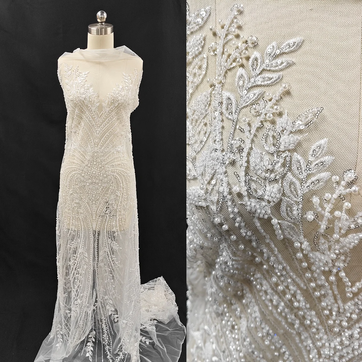 

Высококачественная кружевная ткань с бусинами и блестками для шитья, платье для выступления на сцене, свадебное платье, вечернее платье, дизайнерская ткань