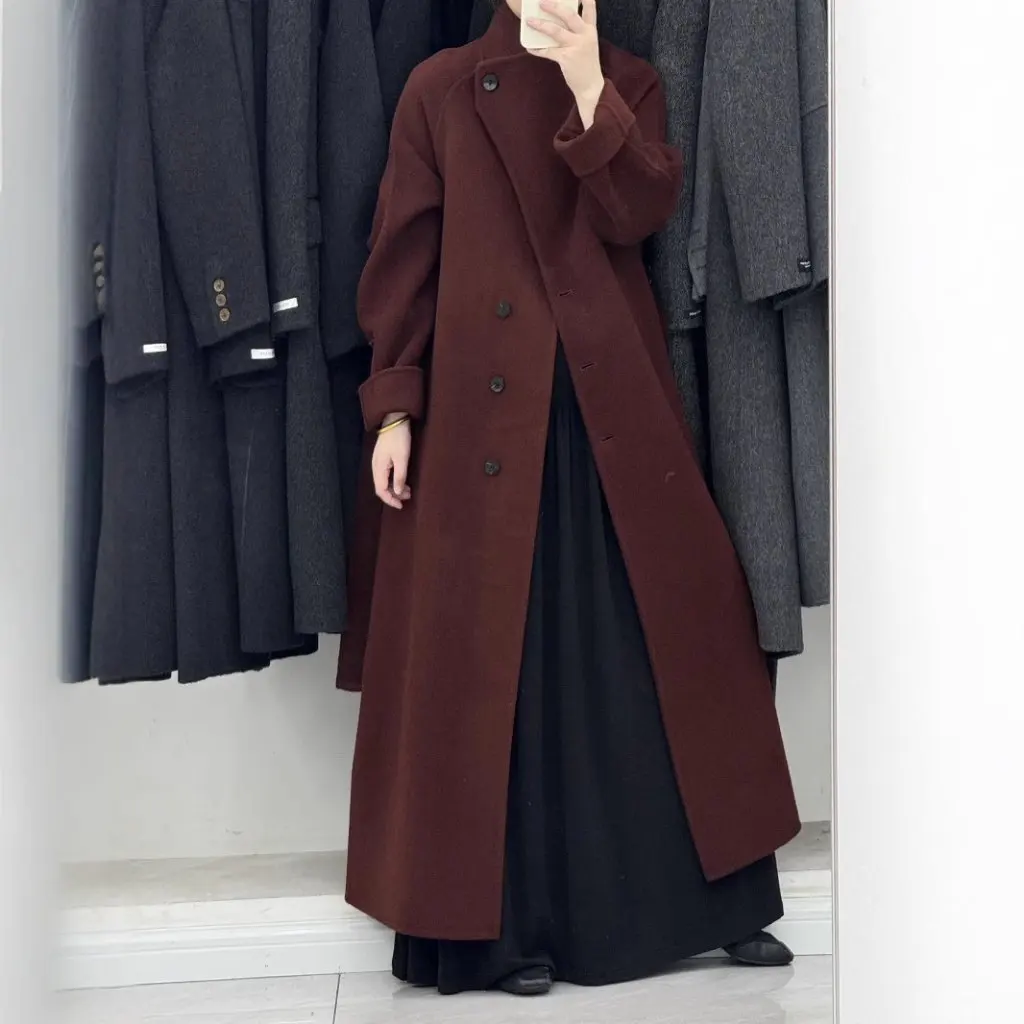 

High-End Double-Sided Wool Cashmere Coat Stand Collar Inclined Buckle Hepburn Style Long Thick Warm Women's Outerwear