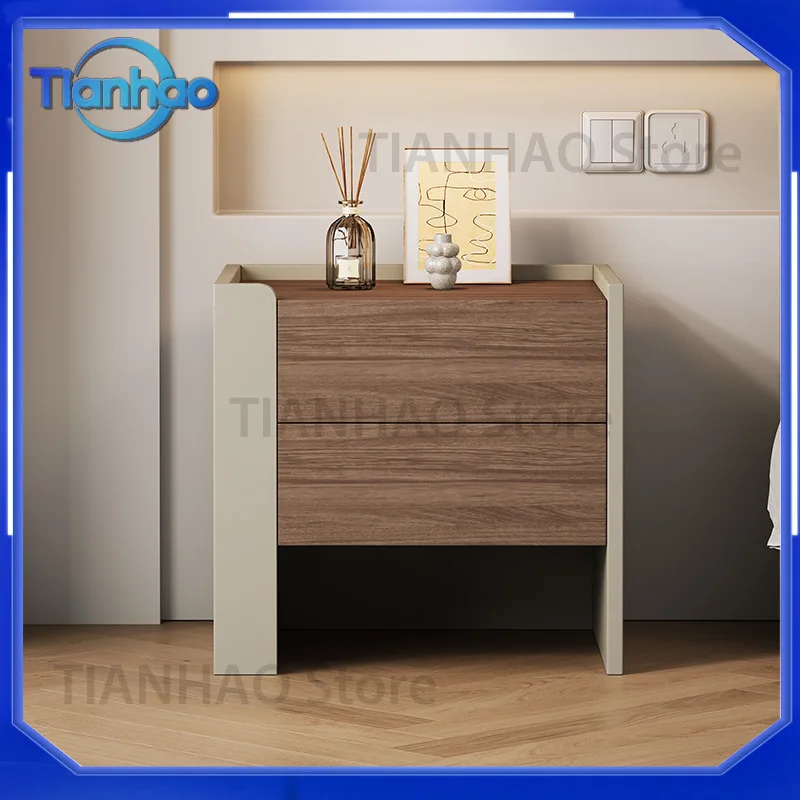 Solid Wood Nightstand for Modern Minimalist Luxury Bedroom Storage Cabinet with Walnut Grain Finish