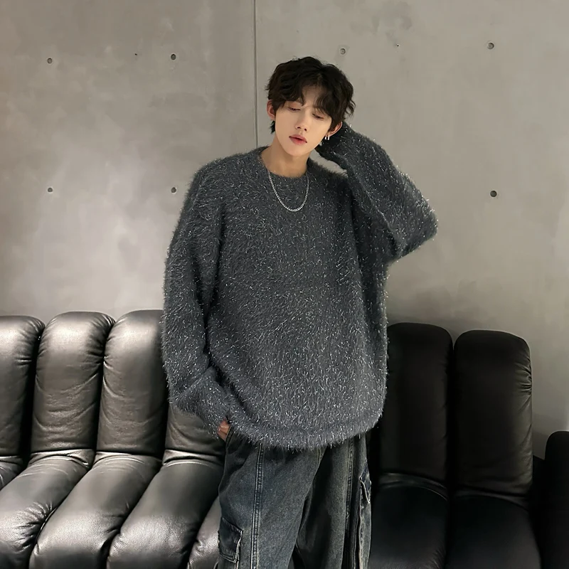 

Laid-ba Sle Men's Knitted Sweater Coat Silver Tead Autumn Winter New Faionable Casual round Ne Long Sve Top