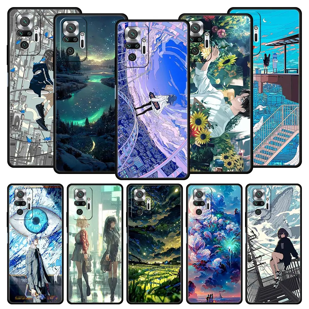 Etui na telefon Xiaomi Redmi Note 12 10 11 9 8 Pro Plus 9S 7 8T 9T 9A 8A 9C K40 Gaming Soft Cover Bumper Anime Girl Art Scenery