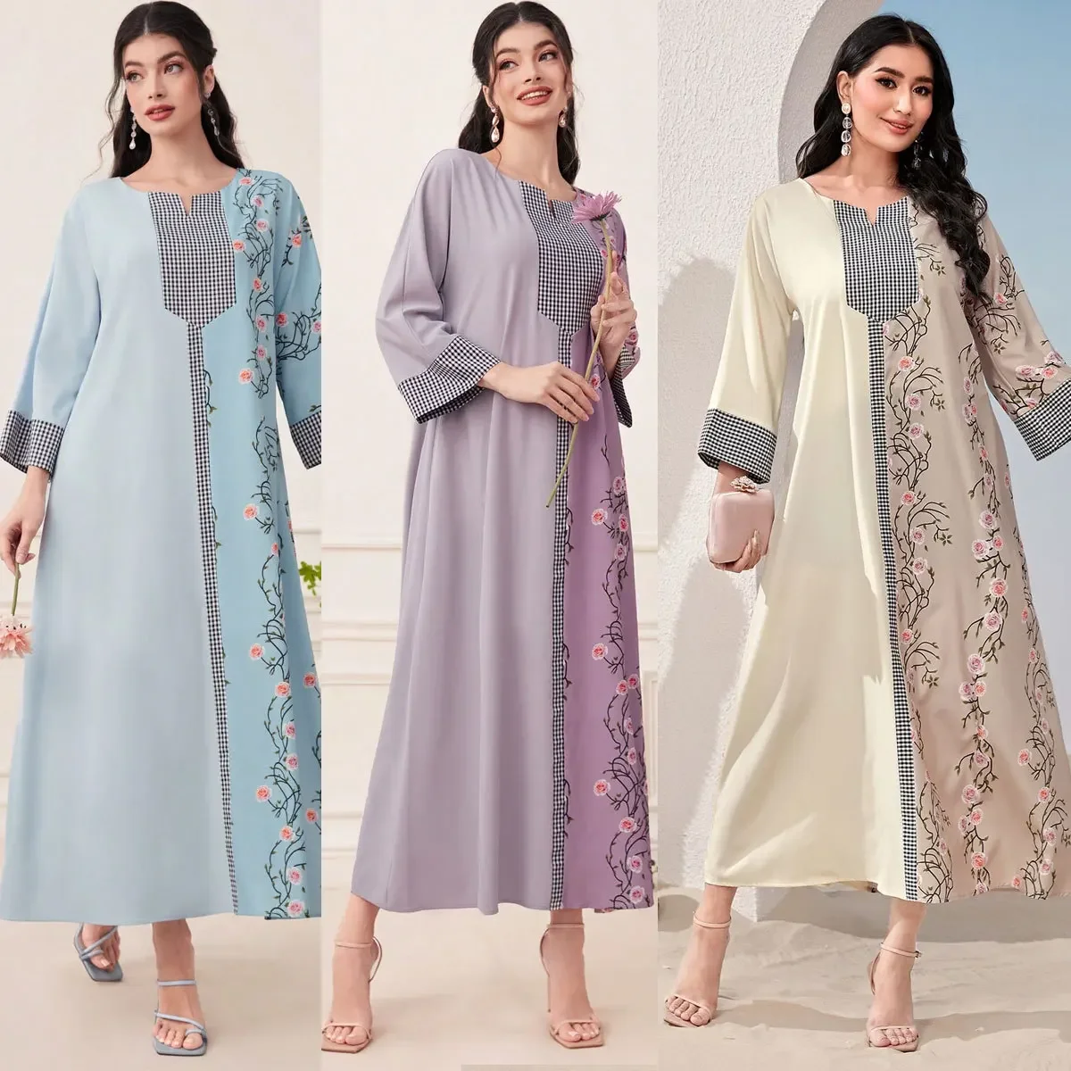 Women dress Eid Muslim Abaya jalabiya dress V Neck Dubai Abayas Party Dress floral Print Vestidos Arab Long Robe Patchwork 2023