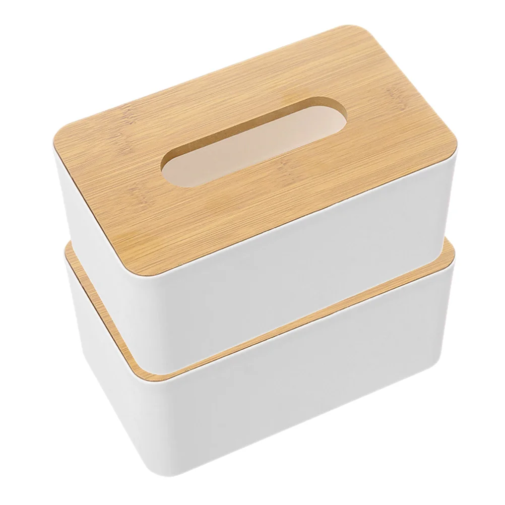 

2pcs Wooden Tissue Box Cover Rectangle Paper Towel Storage Case Large Capacity Home Office Desktop Organizer Khaki Color