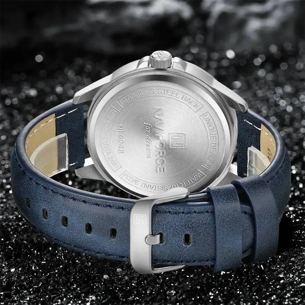 NAVIFORCE 9248L ساعة كوارتز رجالية أنيقة التقويم مضيئة مقاوم للماء حزام من الجلد خمر الأعمال ساعات عادية للرجل