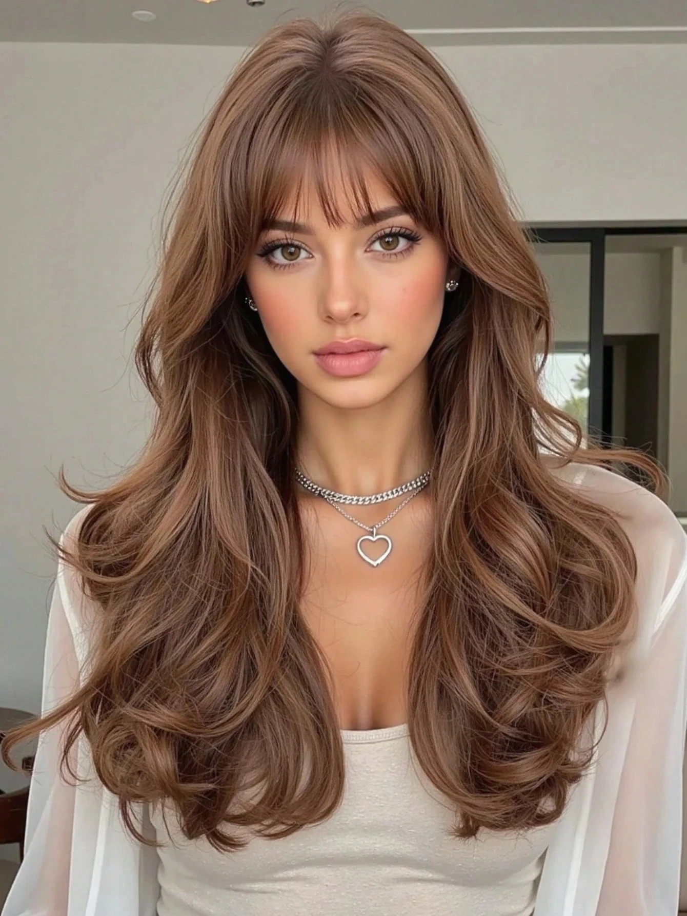 

22-дюймовый вьющийся волнистый каштановый парик средней длины, парик из натуральных термостойких синтетических волос, подходит для ежедневного использования женщин, вечеринок и поездок на работу