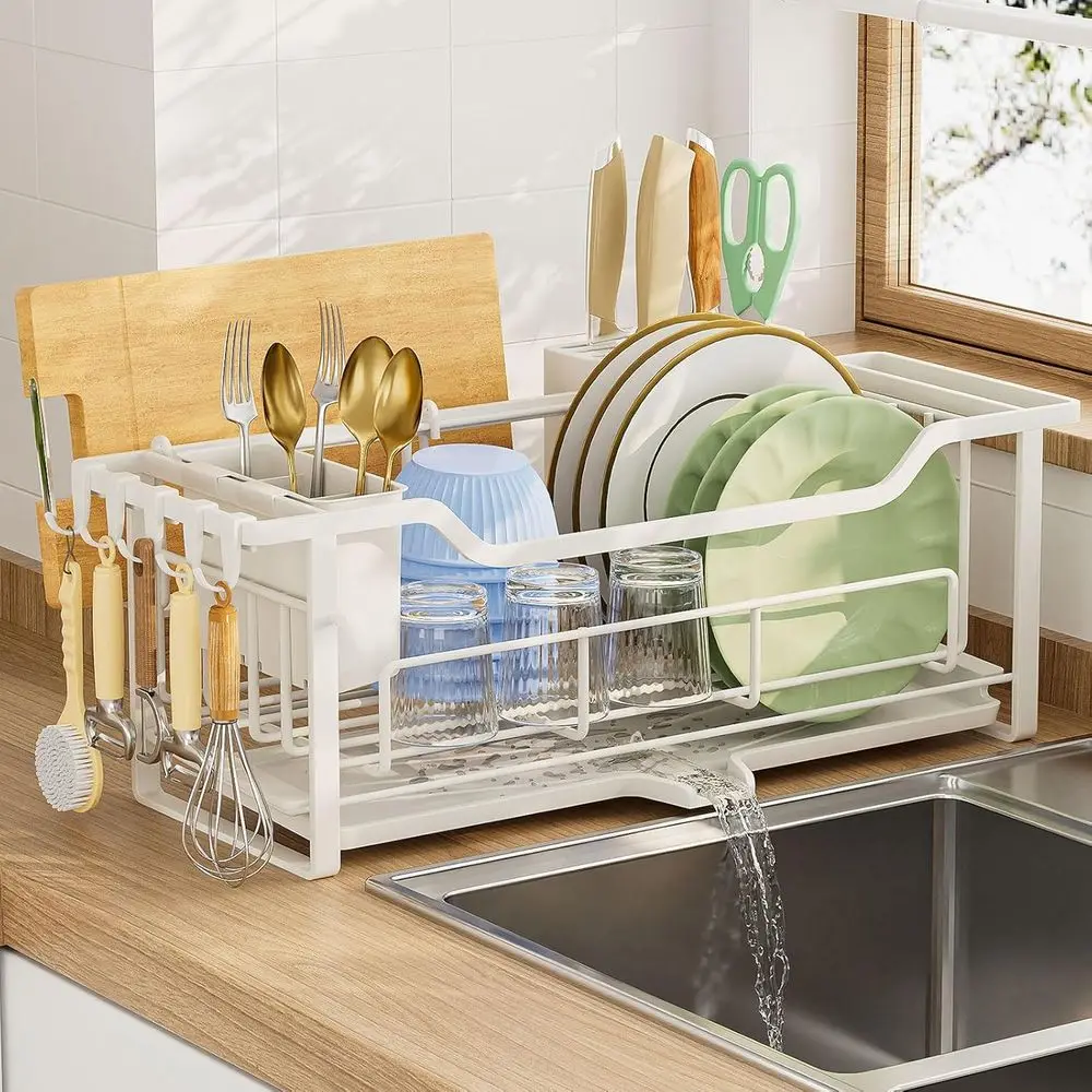 

Narrow Dish Drying Rack or Kitchen Counter Auto Drain Iron Dish Drainer with Removable Cutlery Basket, White