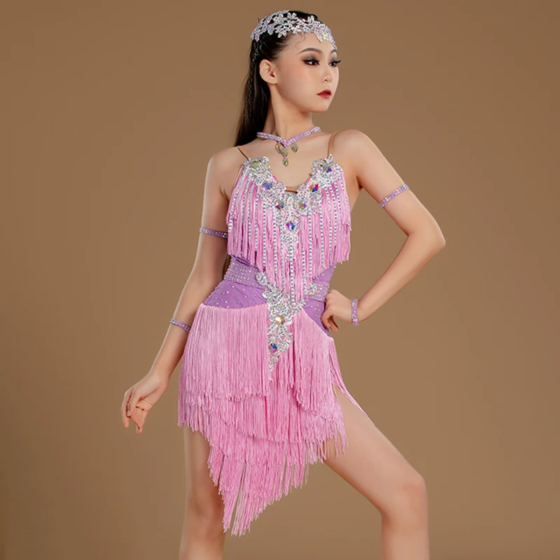 Women Flash Diamond Tassels Dress Latin Dancewear Kids Gilrs Spaghetti Strap Backless Shiny Rumba Chacha Performance Costumes