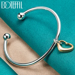 DOTEFFIL 925 Sterling Silver Gold Heart Cuff Bangle Bracelet For Man Woman Wedding Engagement Fashion Charm Party Jewelry