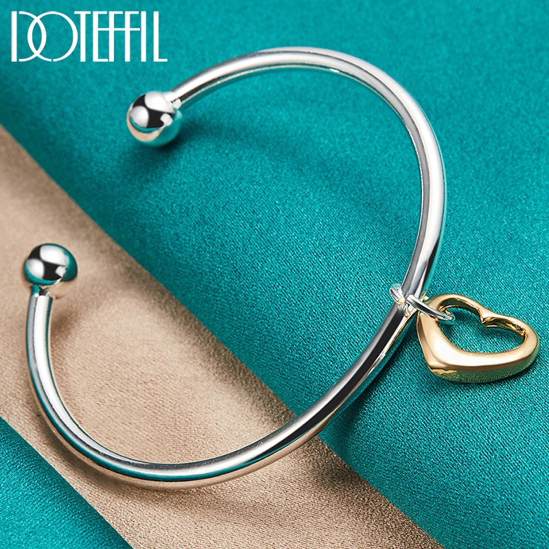 DOTEFFIL 925 Sterling Silver Gold Heart Cuff Bangle Bransoletka dla mężczyzny Kobieta Ślub Zaręczyny Moda Urok Biżuteria imprezowa
