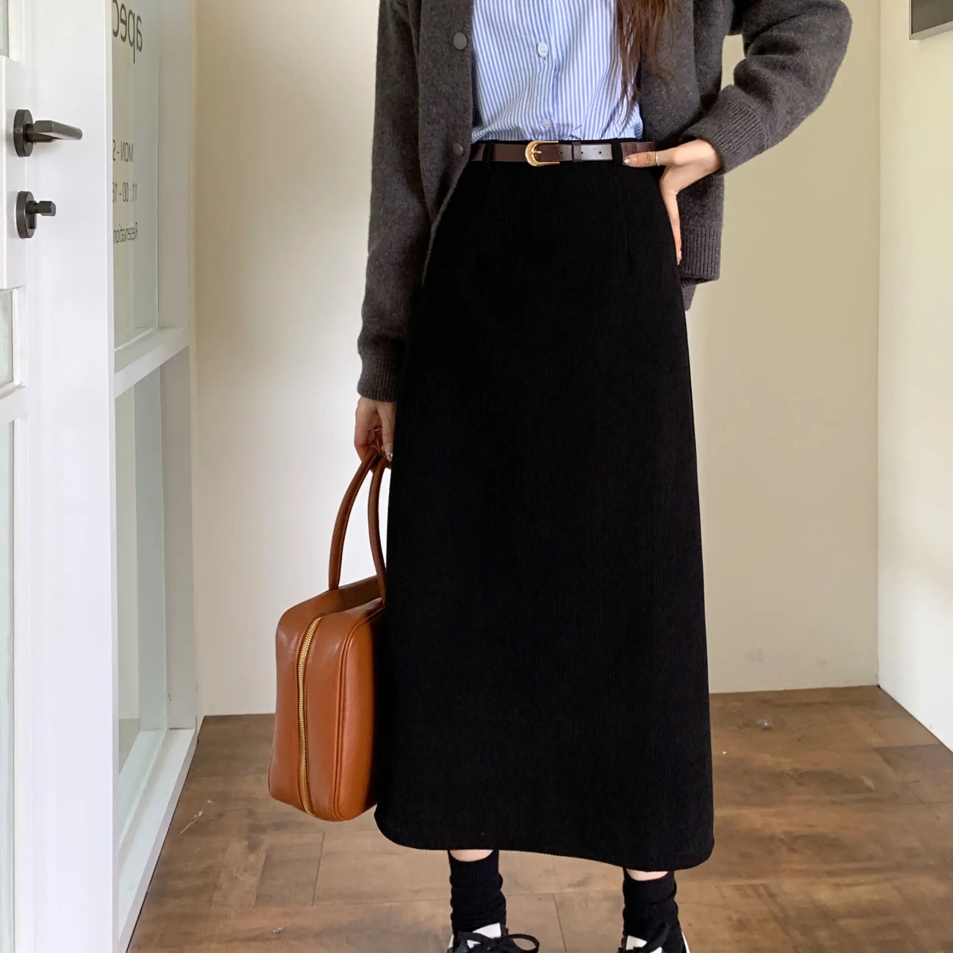 

Вельветовые длинные юбки с высокой талией, тонкая однотонная винтажная длинная юбка трапециевидной формы с прямыми штанинами Faldas Mujer на осень и зиму