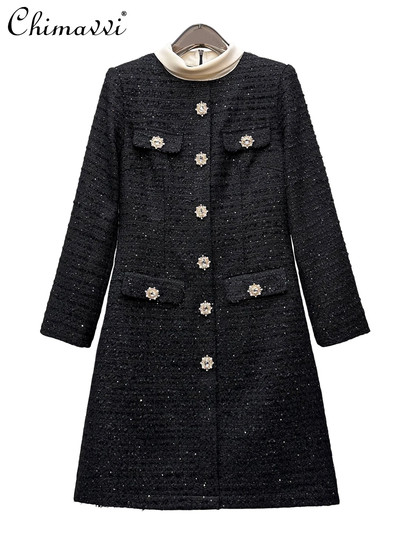 

Autumn Winter New Women's Fashion Woolen Floral Button Long Sleeve Half High Collar Dress High-end Short Sleeve Women's Dress