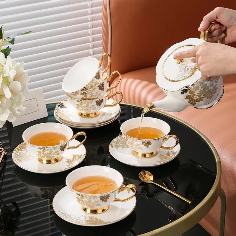 china coffee cup Small luxury afternoon tea tea set Scented tea cup, autumn love - three-character pot + 6 cups saucer