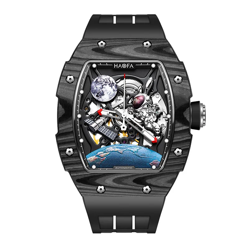 Haofa Moon Rabbit Automatic Spaceship Interstellar Transparent Hollow Mechanica Skeletonl Luminous Chinese style Watch Men 1986