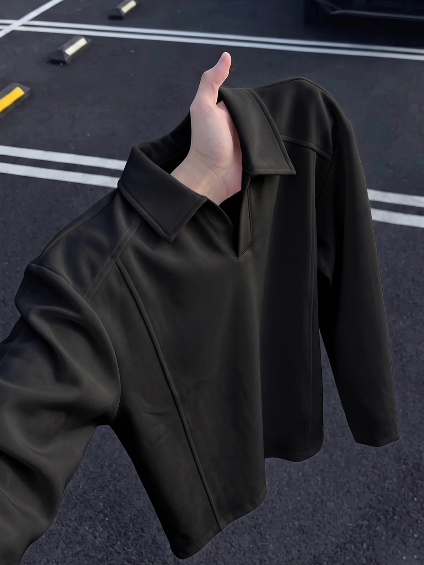 Cleanfit Black Seagull Collar  Shirt Men's Autumn Boxed Patchwork Heavyweight Sweatshirt Shoulder Level Base Shirt