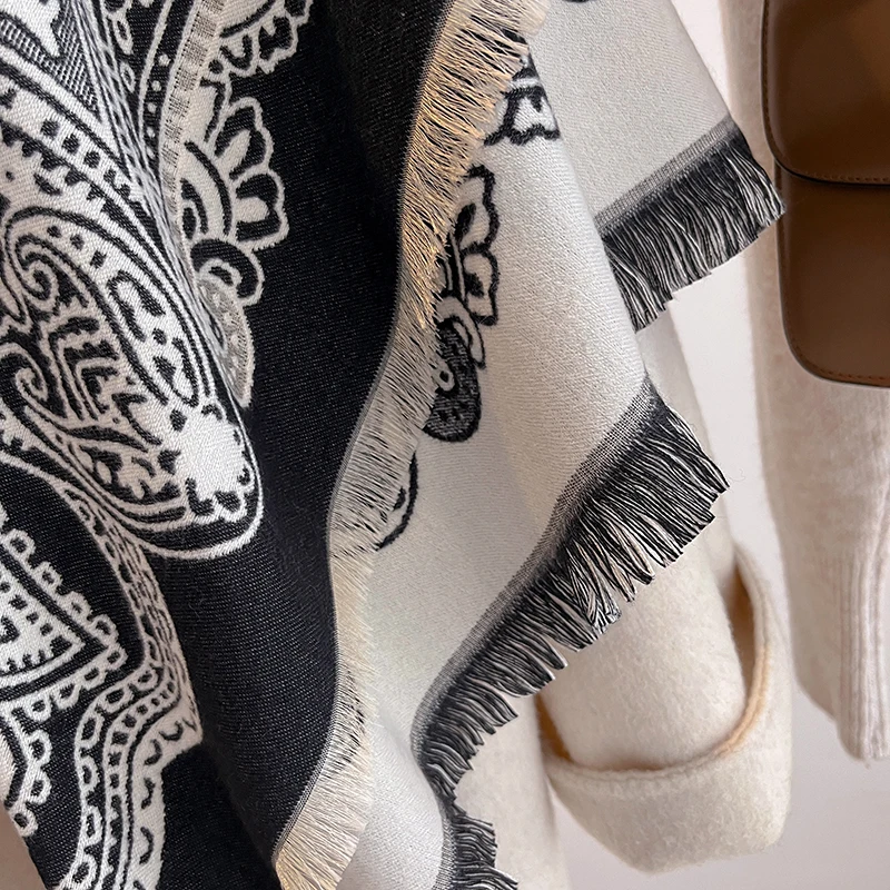 Neue Damenmode Faux Kaschmir Winter Pashmina Vintage Print Quasten Dicke Warme Zweiseitige Schal Outdoor Schals Wraps Foulard – Detail 4