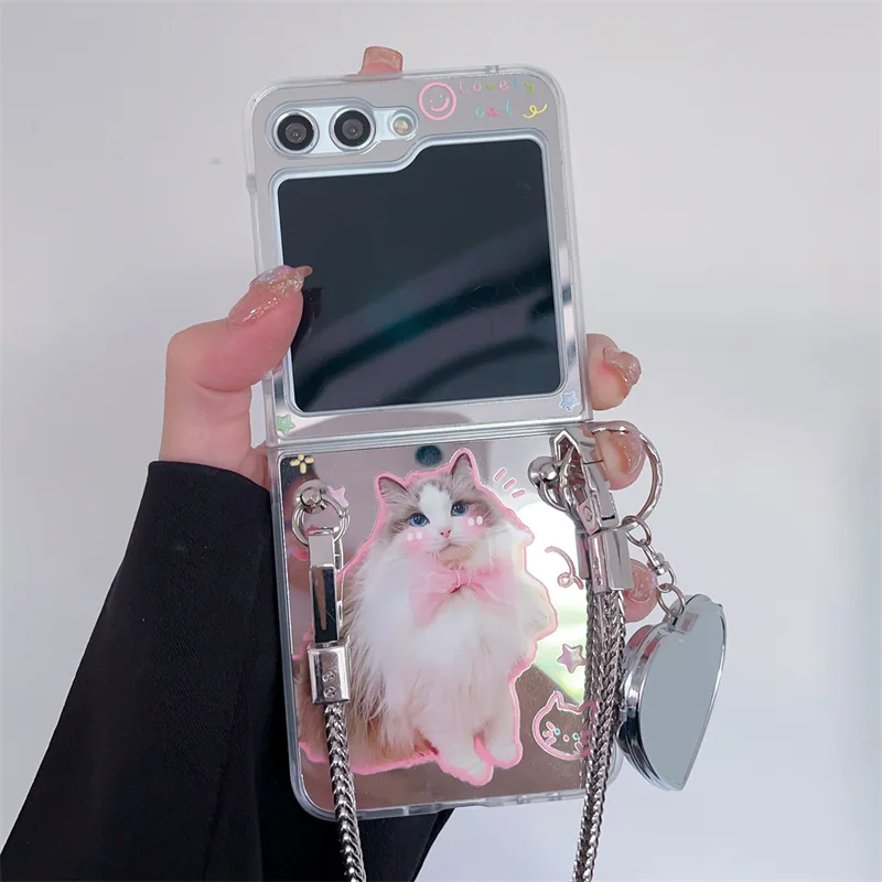 Cute Cat Mirror Surface Phone Case for Samsung Galaxy Z Flip 5 4 3 Protective Back Cover for ZFlip3 ZFlip4 ZFlip5 Case Shell
