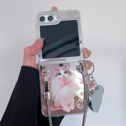 Cute Cat Mirror Surface Phone Case for Samsung Galaxy Z Flip 5 4 3 Protective Back Cover for ZFlip3 ZFlip4 ZFlip5 Case Shell