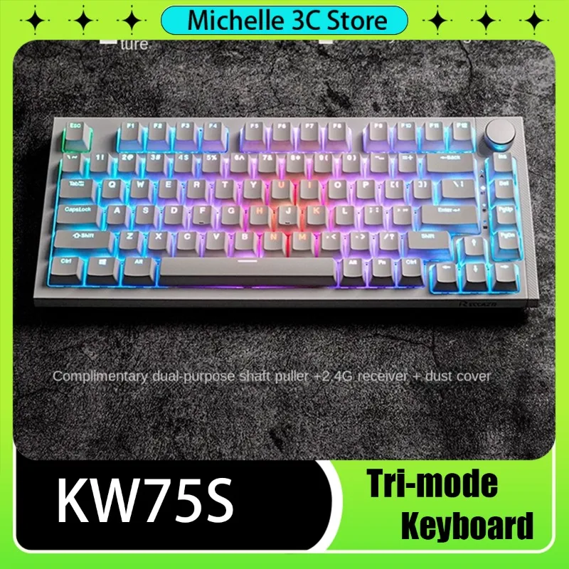 

RECCAZR KW75S Tri-mode Customized Mechanical Keyboard 81keys KTT Yellow Axis Full Key Hot Swap Multimedia Metal Knob E-sports