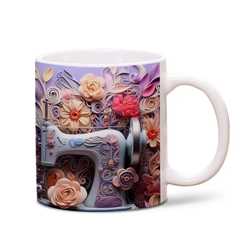 Naaien 3d Mok Reliëf Effect Creatieve Mark Cup Thee Milik Mok Met Bloemen Quilten Bloemenpatroon Nieuwigheid Machine Koffiekopje