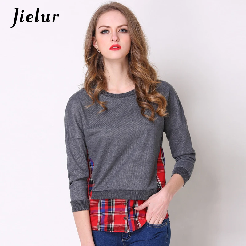 Jielur Spring Autumn Hoodies for Women Gray Plaid Patchwork Fake 2 Pieces Top Female Leisure Sweatshirt S-5XL Size