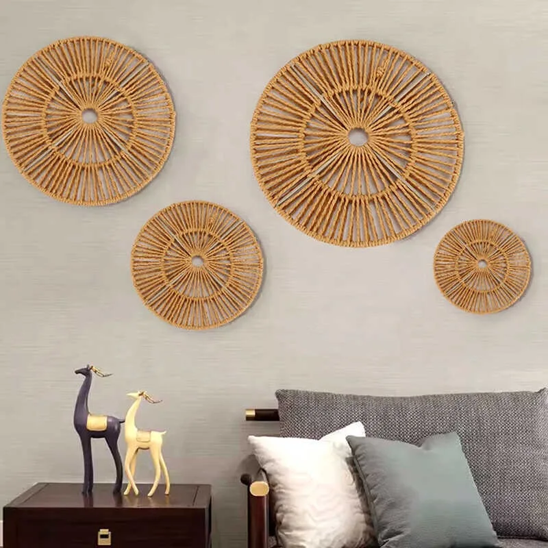 Decorative European Style Home Wall Decoration Hanging Round Straw Woven Rattan B&B Living Room Wall Ornament Wall Hanging