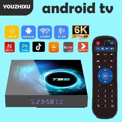 Smart TV Box Android 14 T95 6K Allwinnerh616 Media Player Dual WiFi Bluetooth 5.4 with Remote Support Google Voice Set Top Box
