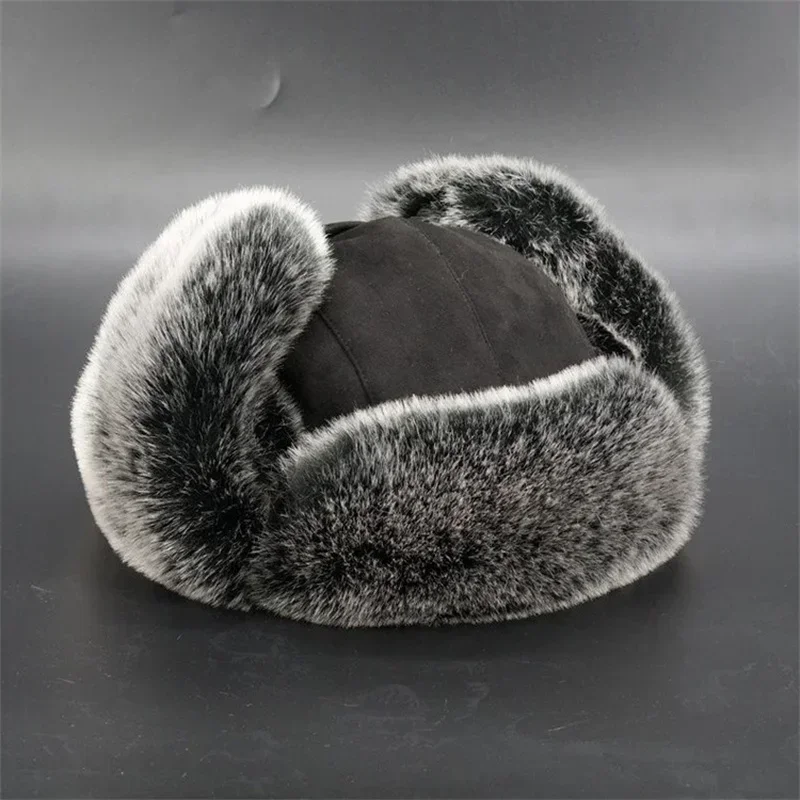 Winter Russian Man & Woman Wholeskin Natural Rex Rabbit Fur Hats Luxury Real Sheep Skin Leather Cap Unisex Real Fur Bomber Hat