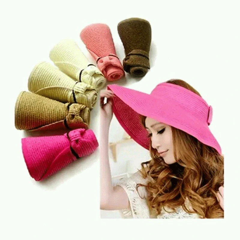 Straw Hat Ladies Summer Collapsible Bow Straw Plaited Empty Top Hat Travel Fashion Hat