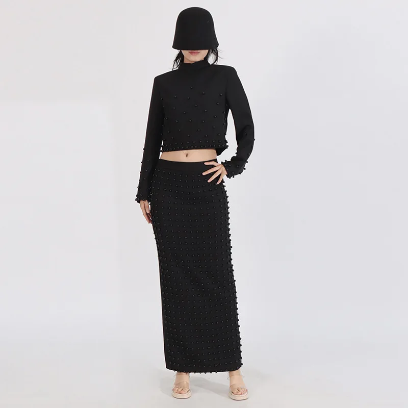 HKSH Women Elegant Two-piece Set Long Sleeves Beaded Back Zipper Chic Short Tops Slim Fit Split Skirt Office Lady Spring HK23184