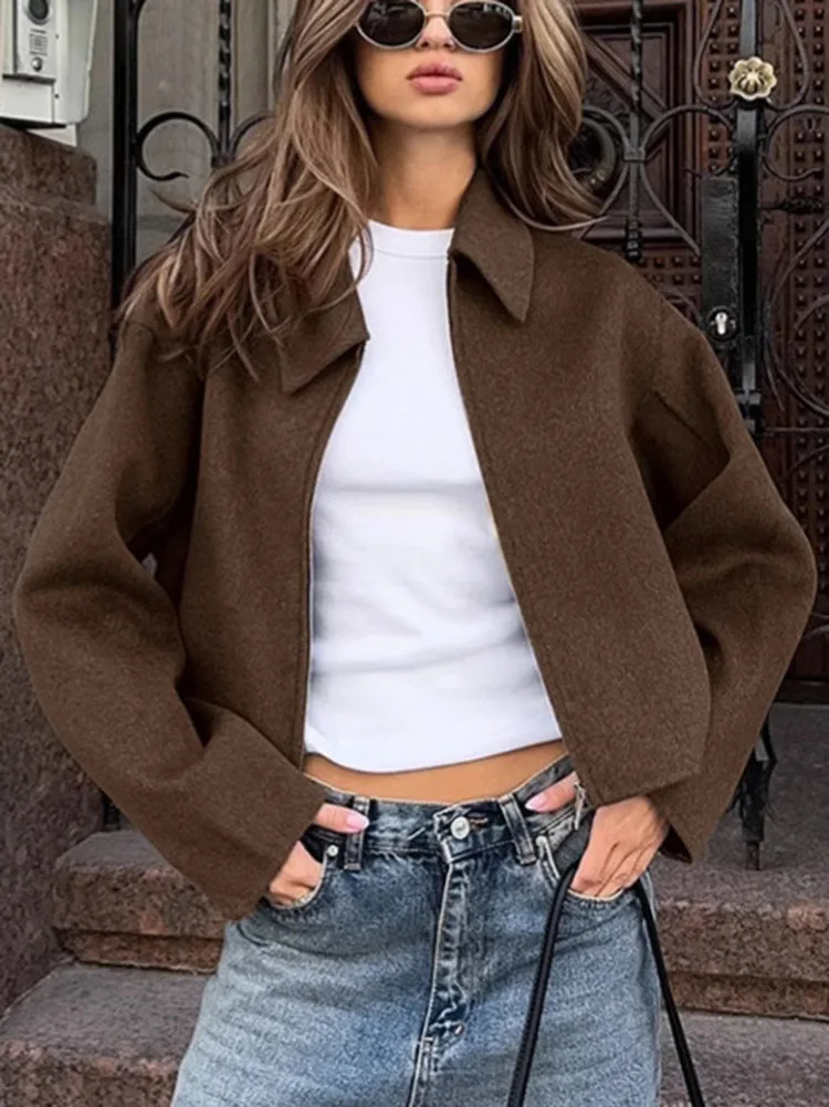 

Women's Brown Wool Zipper Jacket for Autumn and Winter-Longsleeved Lapel Short Coat-Fashionable Casual Street Commuter Outerwear