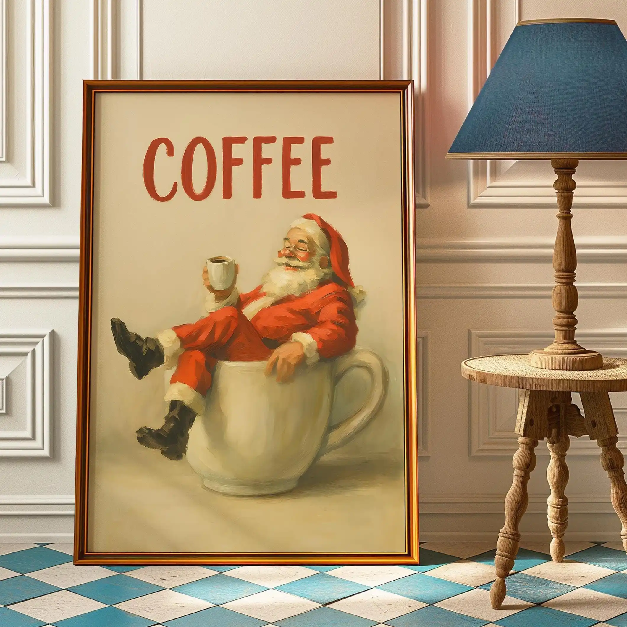 Funny Christmas Cheers Santa Claus Poster Retro Christmas Vintage Coffee Wall Art for Christmas Holiday & Living Room Decoration