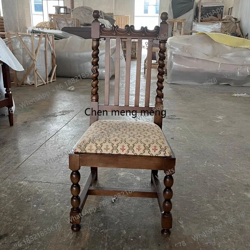 

ZJFrench retro solid wood dining chair fabric jacquard nostalgic chair backrest carved leisure chair sofa