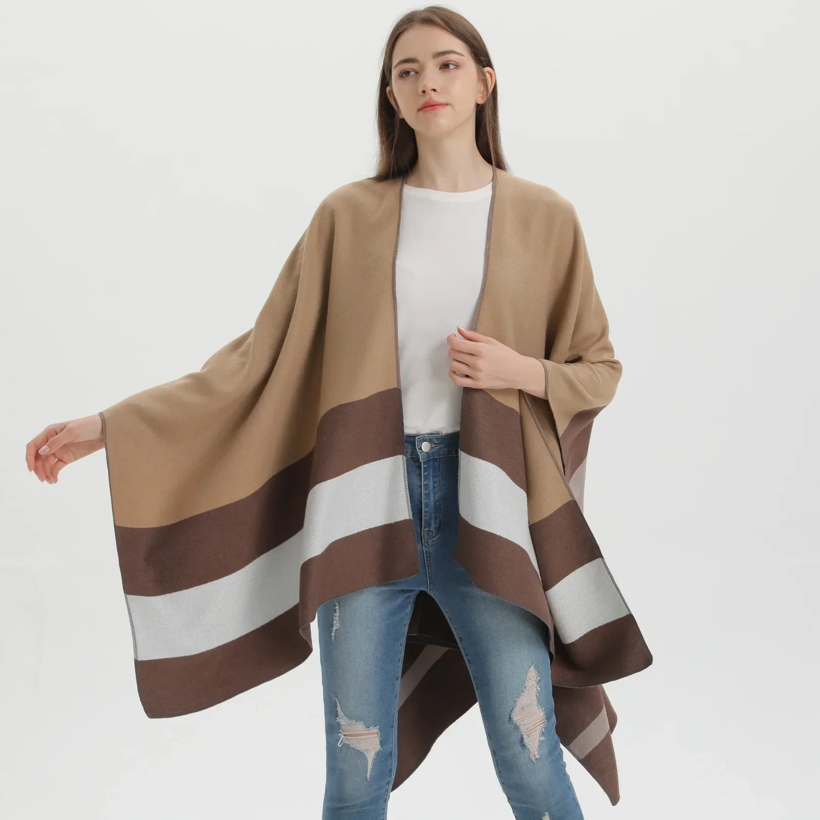Cape Poncho Cloak Women Fashionable Imitate Cashmere Autumn and Winter Lady Stripe Shawl  Travel Air Conditioning Room Shawl