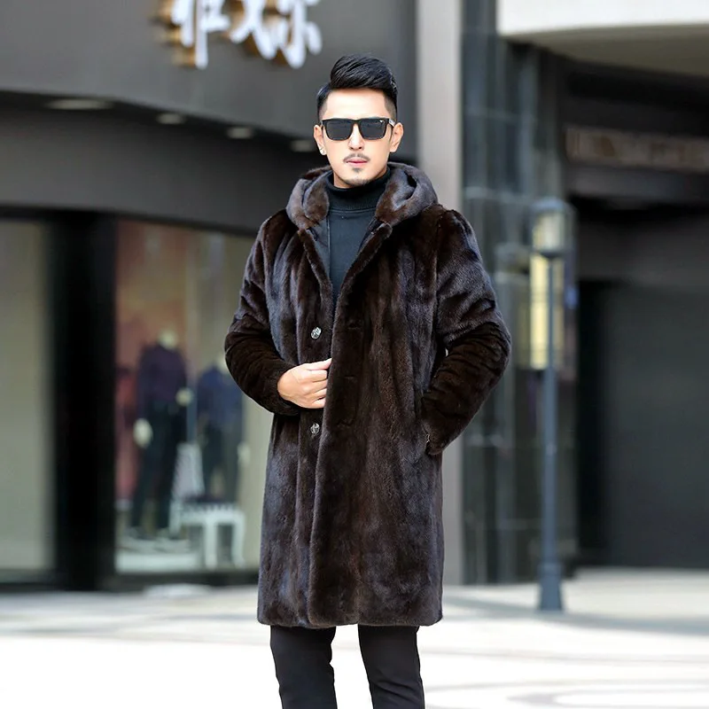 Winter Hooded Long Faux Fur Jacket Men Long Sleeve Single-breasted Thick Warm Fake Fur Coats Windproof Mens Fur Jacket Coat