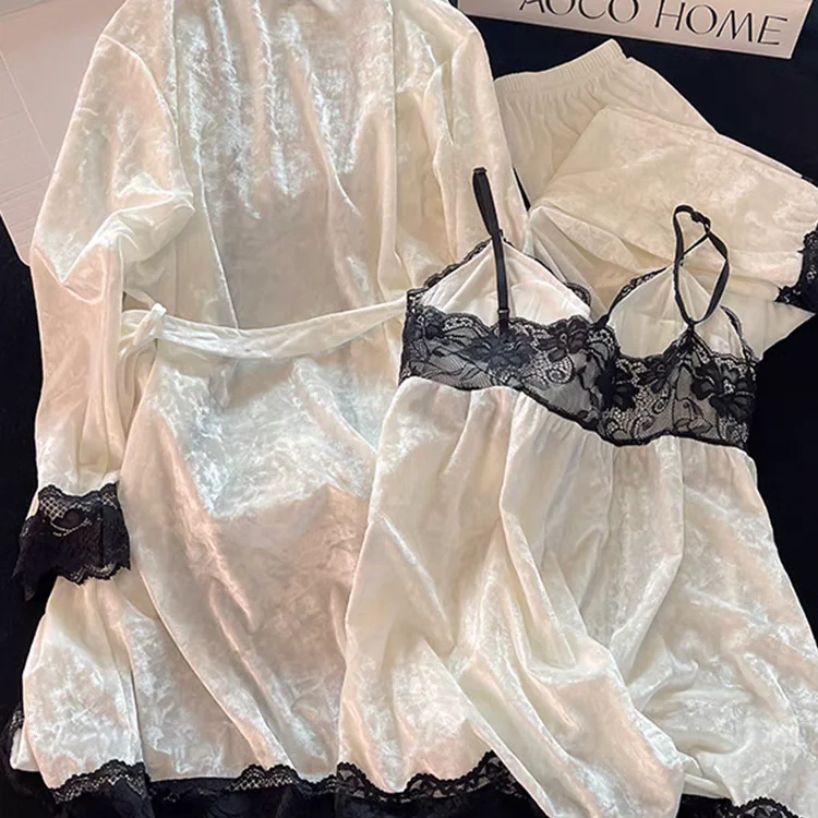 Velvet 3PCS Pajamas Set Sleepwear White Lace Patchwork Loungewear Warm Women Home Clothes Loose Nightwear Cami&pants&bathrobe