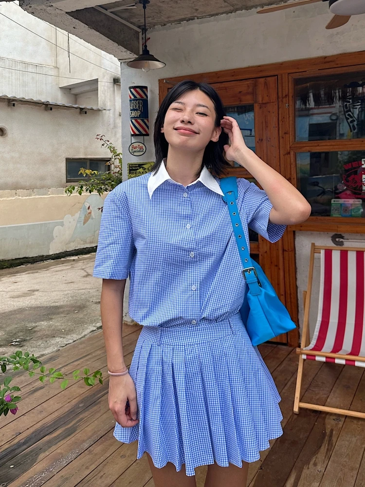 

Ретро-комплект: рубашка и плиссированная юбка, синий клетчатый хлопковый костюм, с отложным воротником и застежкой на пуговицы