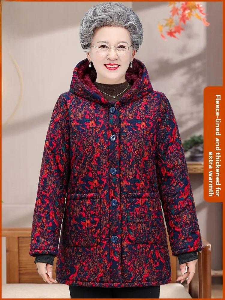 

Warm Fleece Lined Cotton Jacket Winter Clothes for Elderly Women Thickened Mommy Style Coat for Ages 60 And above Standard Fi...