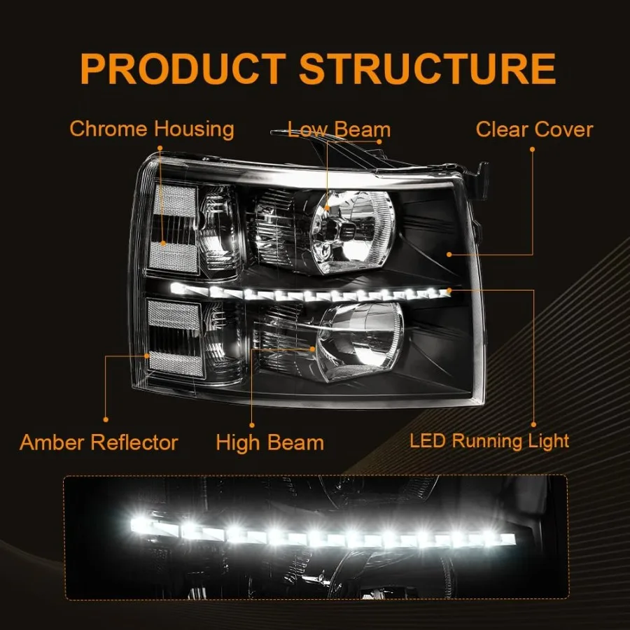 مجموعة مصابيح أمامية LED DRL لشاحنات تشيفي سيلفرادو 1500 و 20072014 سيلفرادو 2500HD 3500 مع مبيت أسود وC