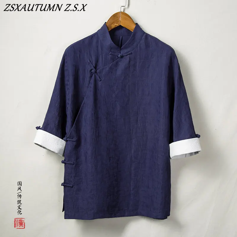 China Shirt Top Cotton linen Wushu Kung Fu Outfit Traditional Chinese Clothing for Men Male Chinese Mandarin Collar Shirt Blouse