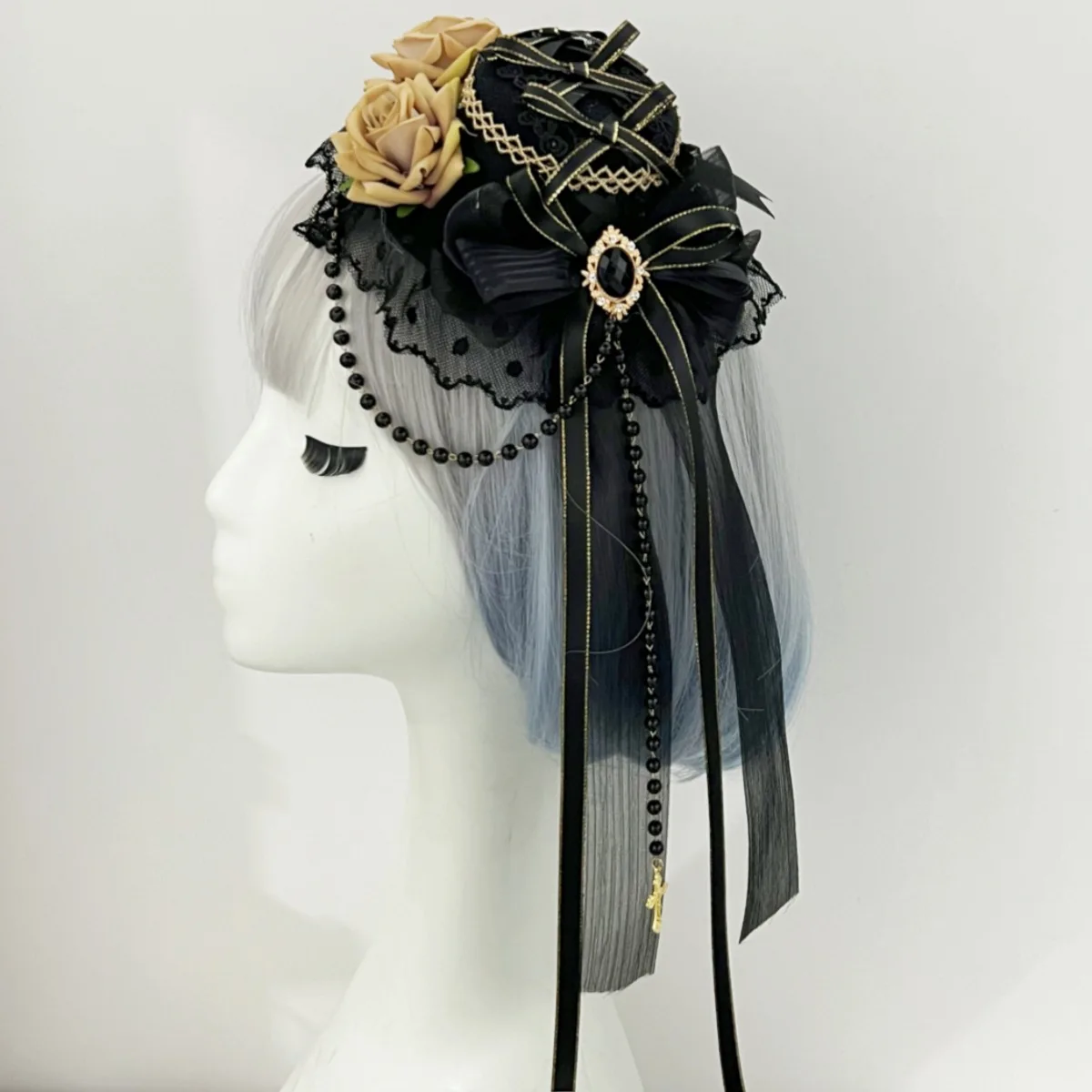 Lolita copricapo fiori fiocco decorazione gotico scuro selvaggio elegante cappello a cilindro accessori per capelli forcina di cristallo per ragazze donne