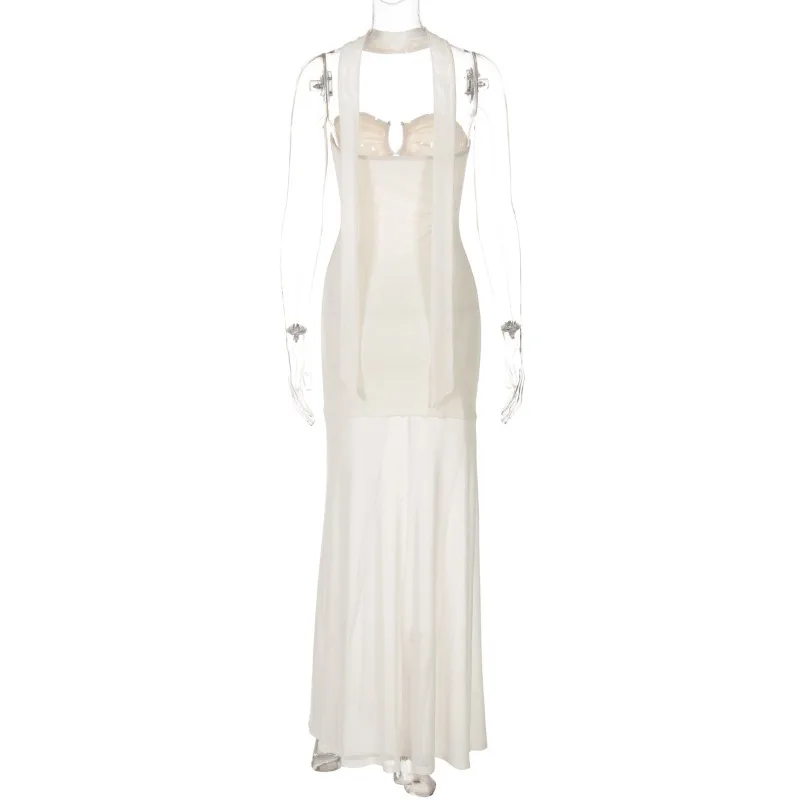 ผ้าพันคอริบบิ้นผู้หญิงเซ็กซี่ Sheer ตาข่าย Patchwork Strapless Bodycon Maxi Party Dress Hollow Out Ruched Slim วันหยุดชุดยาว Robe
