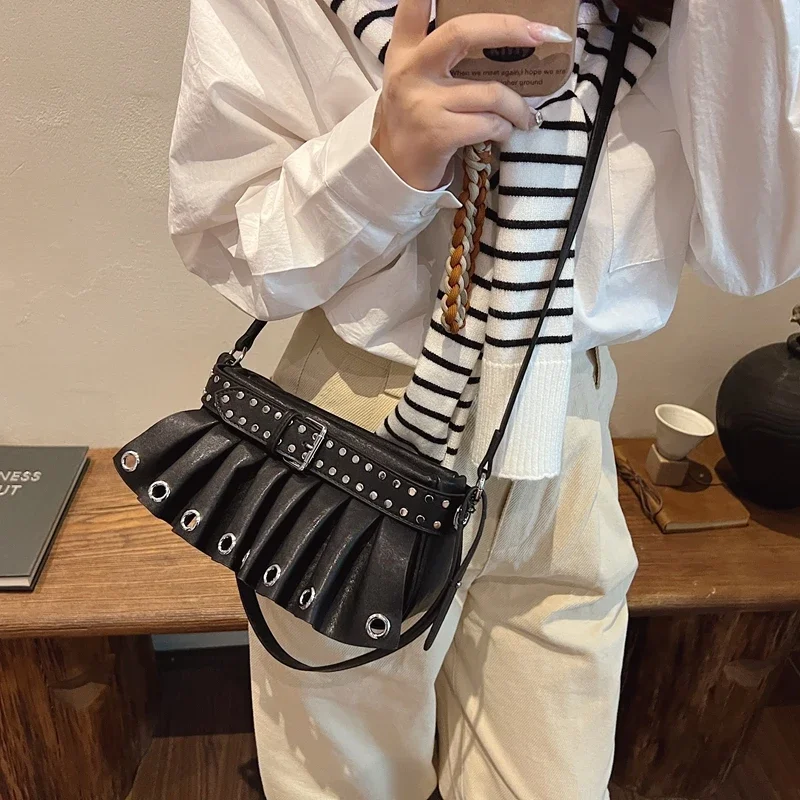 Punk Style Rivet Belt Fashion Chain Shoulder Underarm Handbag Chic Pleated Skirt Design Funny Crossbody Bag Lady Shopper Purse