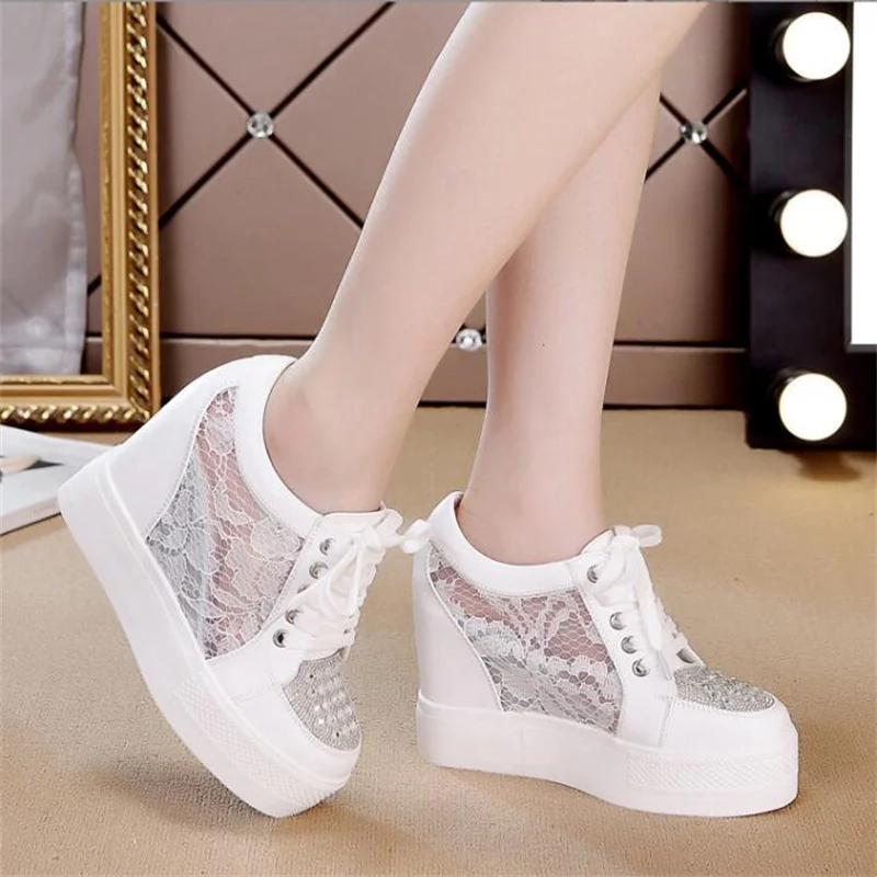 Women Sneakers Wedding Rhinestone Casual Platform Trainers White Mesh Shoes 11CM Heels Breathable Woman Height Increasing Shoes